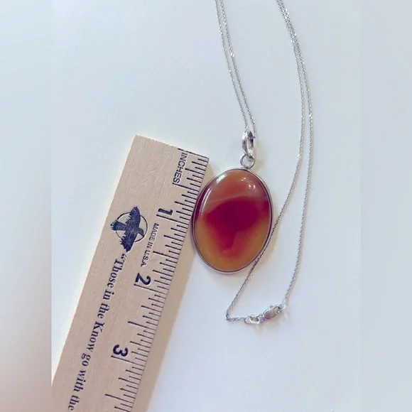 14K White Gold Chain Amber Agate Pendant Necklace 925 Silver - Picture 6 of 15